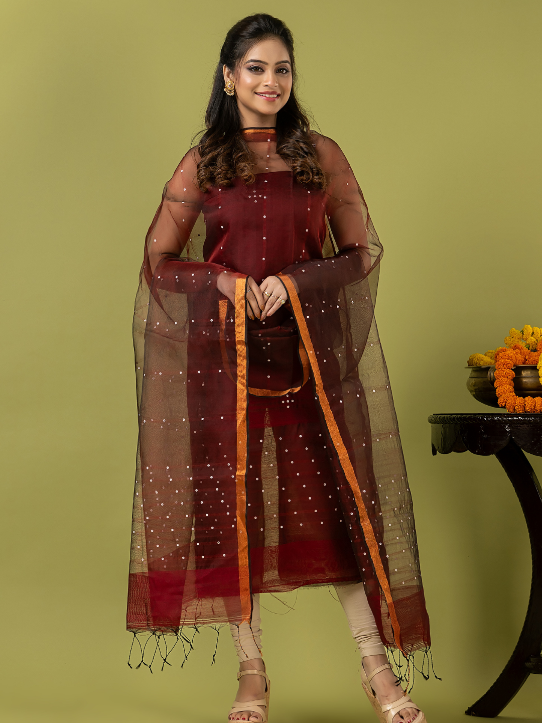 Handwoven Jamdani Muslin Unstitched 2-piece Kurti | Maroon Red