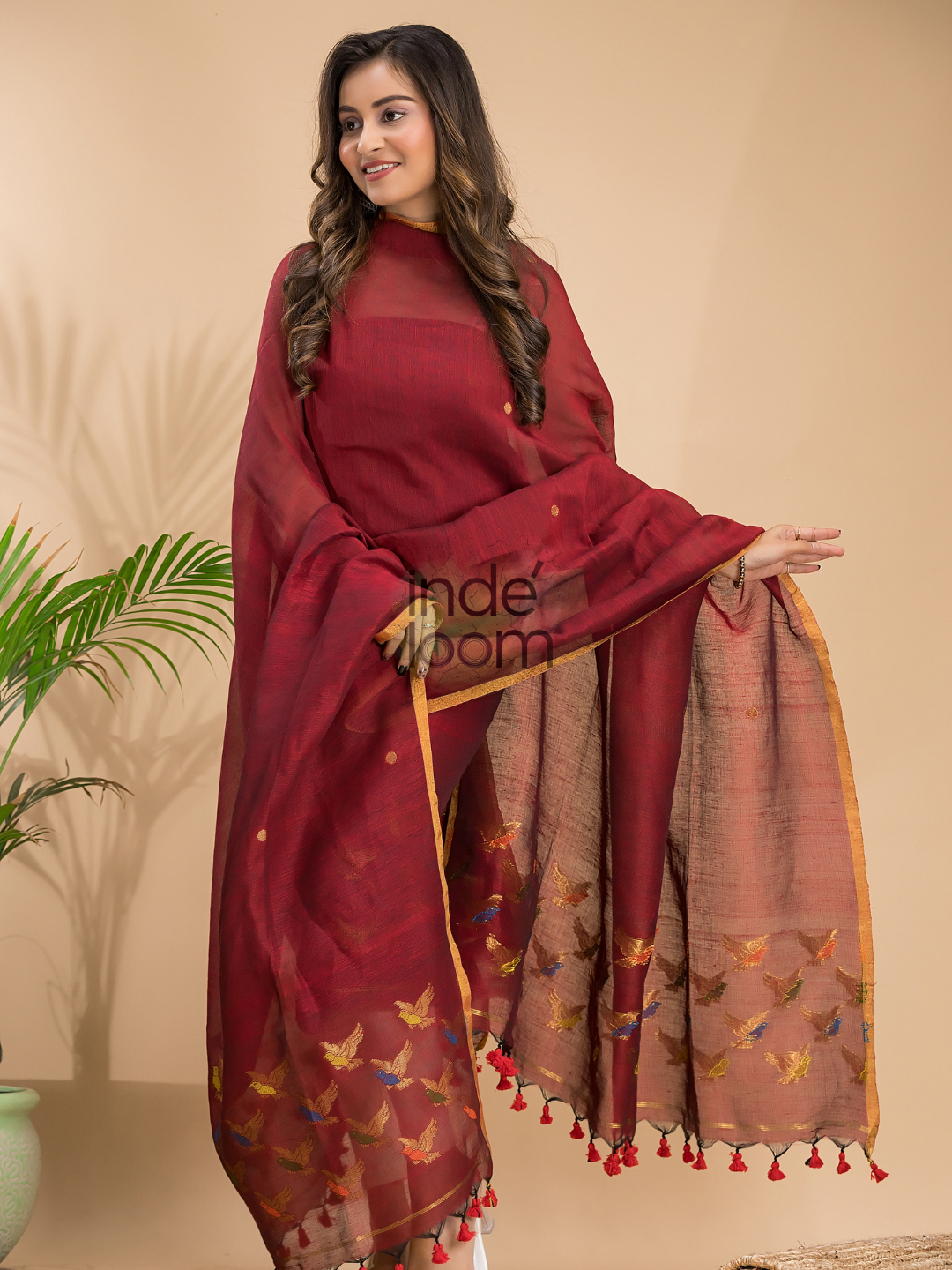 Burgundy Red Cotton Linen 2-Piece Set Kurti & Dupatta (UNSTITCHED) - 034