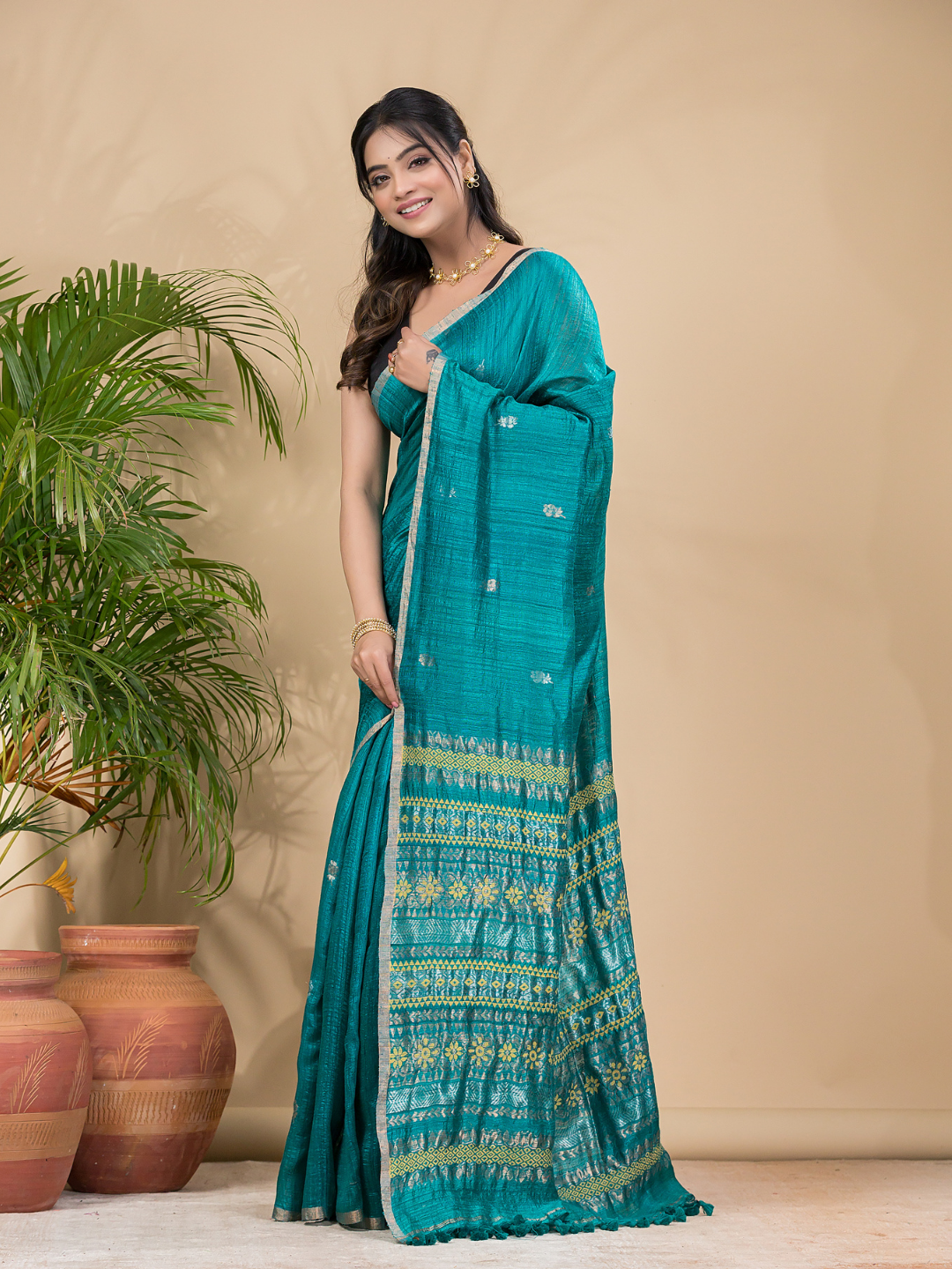 Matka Silk Jamdani Saree With Teal Green - 018
