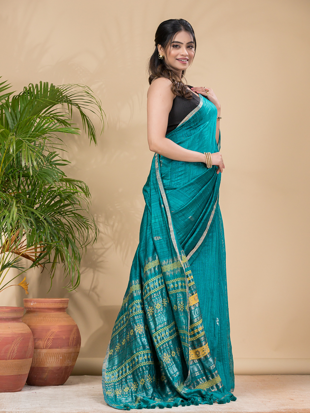 Matka Silk Jamdani Saree With Teal Green - 018