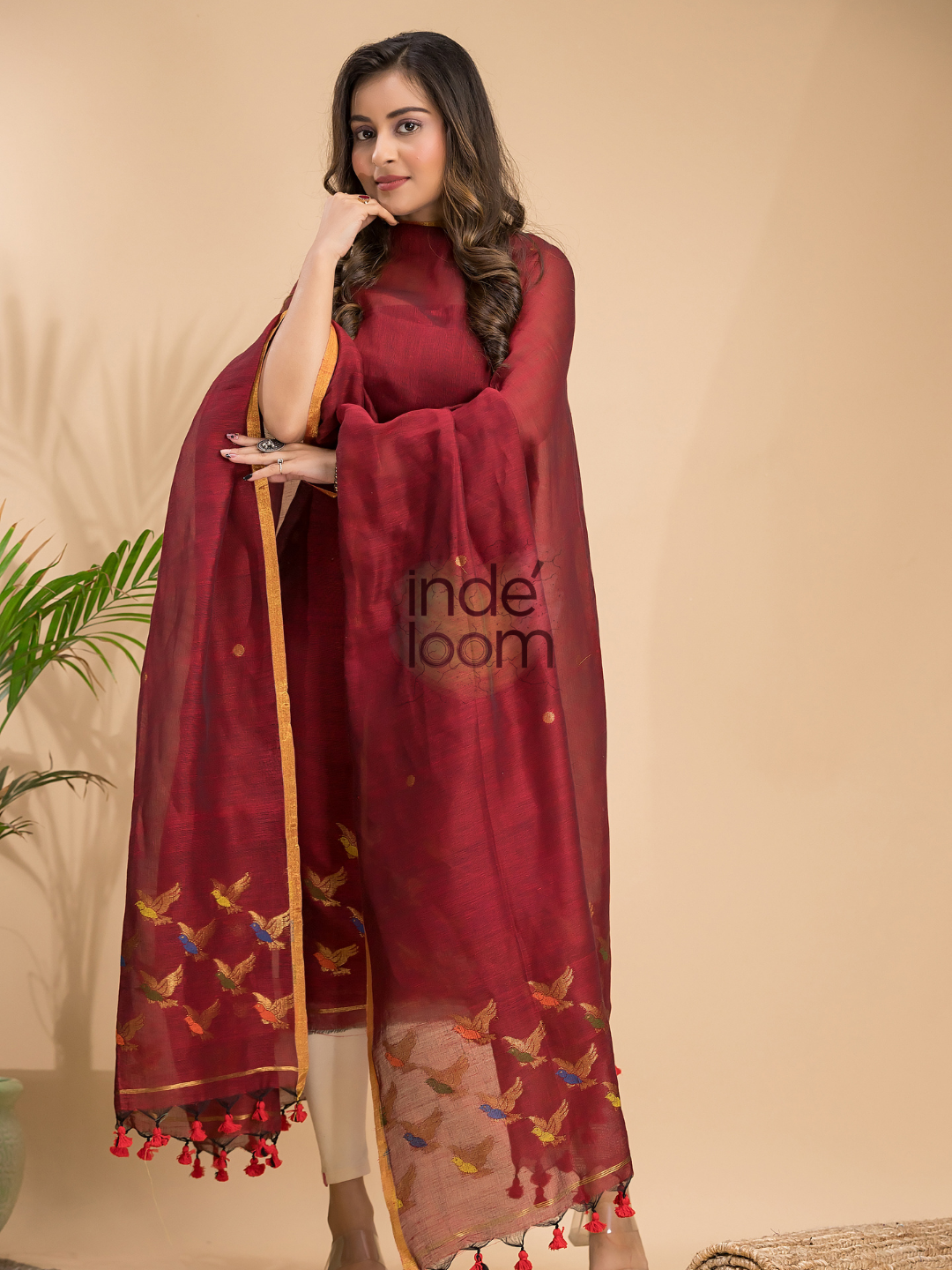 Dark Ruby | Handloom Jamdani Linen Unstitched 2-Piece Kurti
