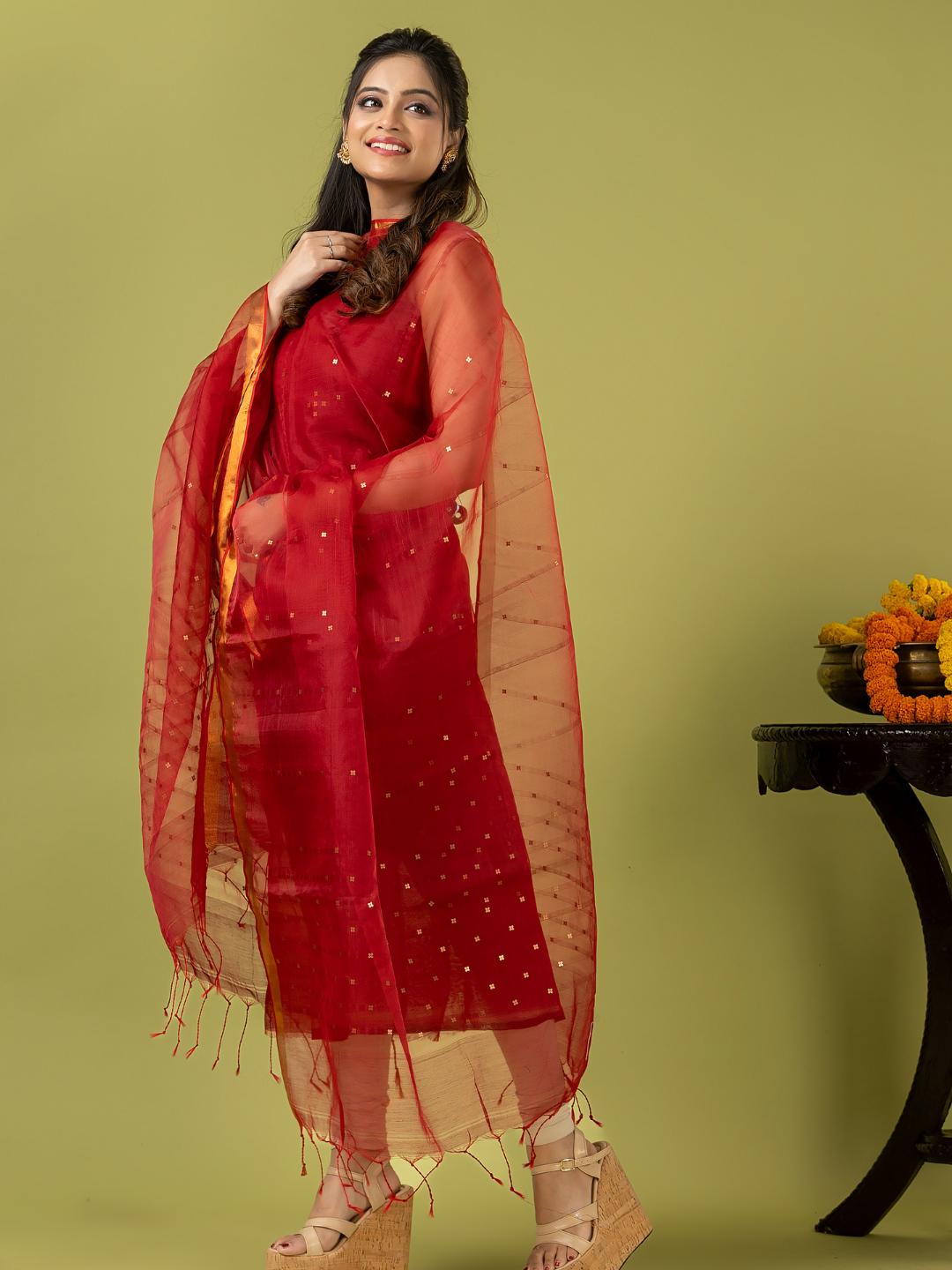 Handwoven Jamdani Muslin Unstitched 2-piece Kurti | Scarlet Red
