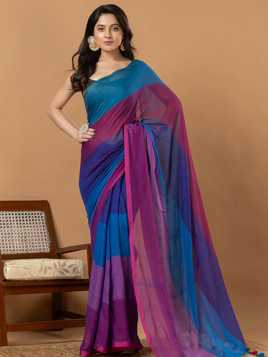 Pure Handloom Mul Cotton Saree | Teal Blue