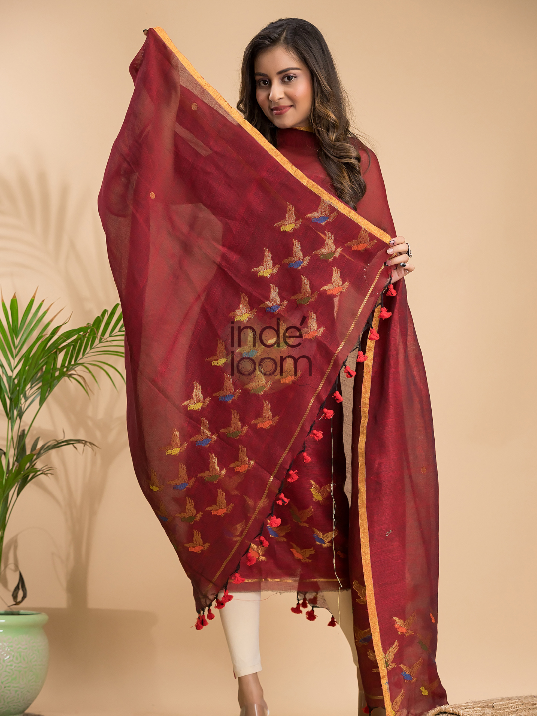 Dark Ruby | Handloom Jamdani Linen Unstitched 2-Piece Kurti
