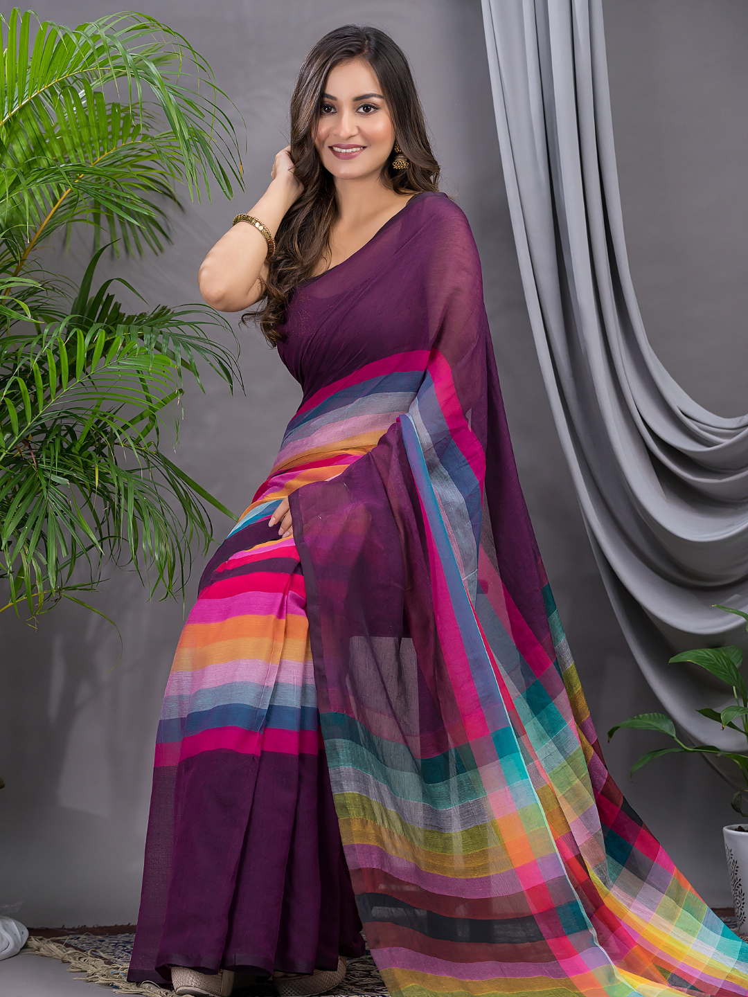 Handloom Khadi Cotton Saree With Wine Purple - 006