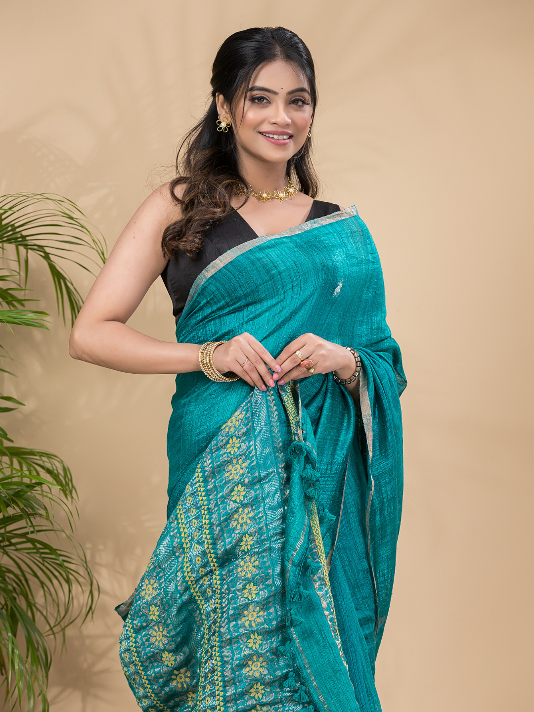 Matka Silk Jamdani Saree With Teal Green - 018