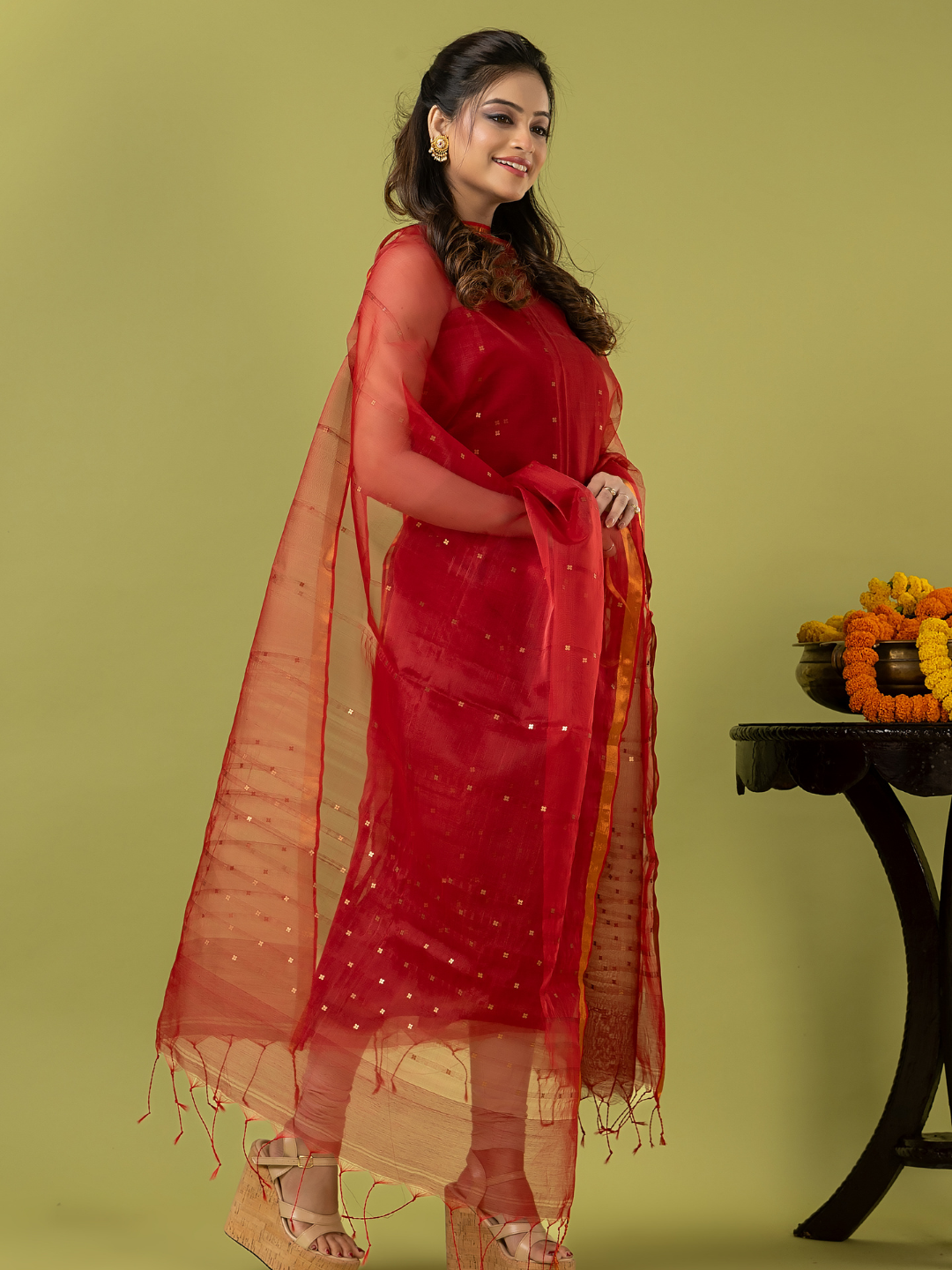 Handwoven Jamdani Muslin Unstitched 2-piece Kurti | Scarlet Red