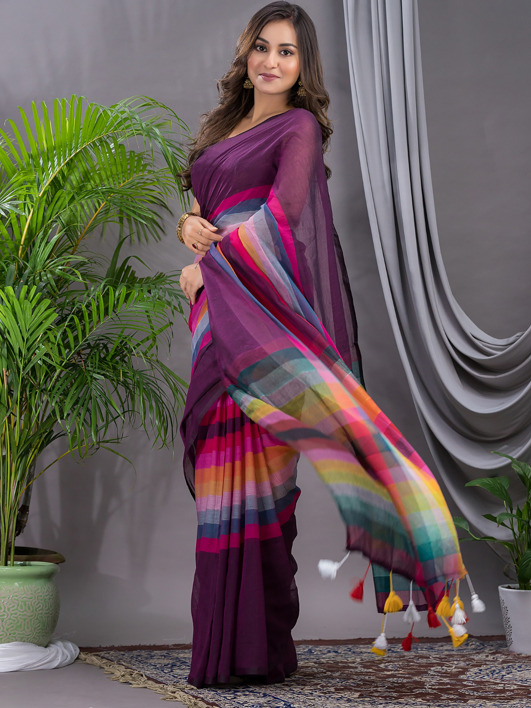 Handloom Khadi Cotton Saree With Wine Purple - 006