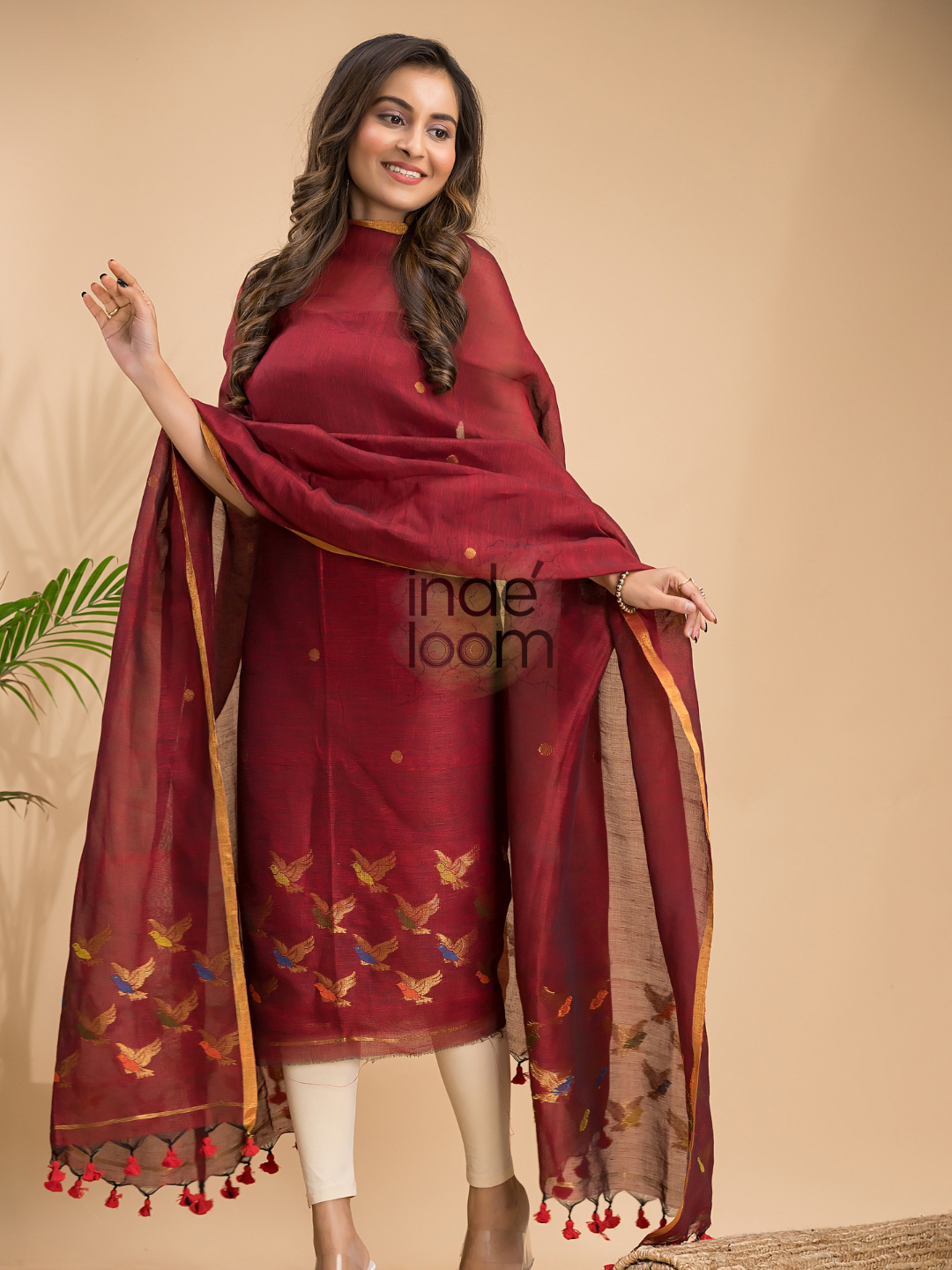 Burgundy Red Cotton Linen 2-Piece Set Kurti & Dupatta (UNSTITCHED) - 034