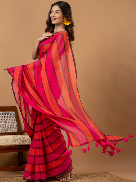 Pure Handloom Mul Cotton Saree | Hot Pink And Magenta Stripes