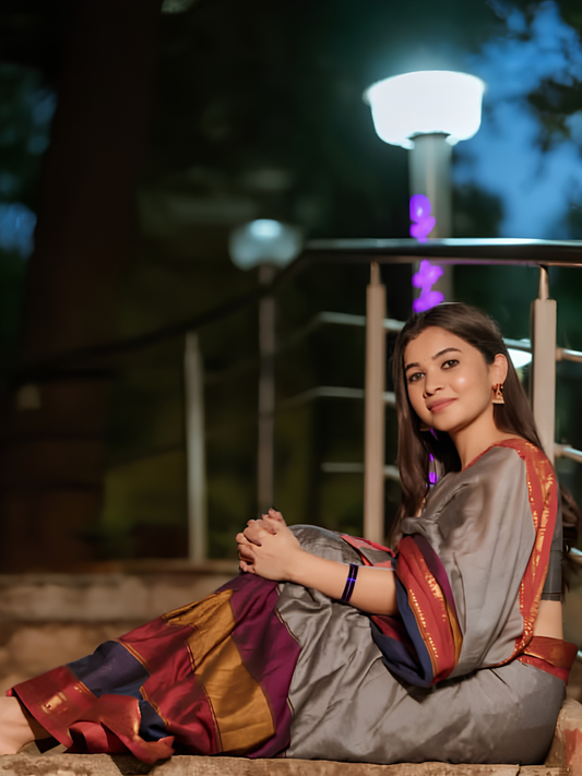 Handloom Narayanpet Cotton Saree | Grey and Multi Colour