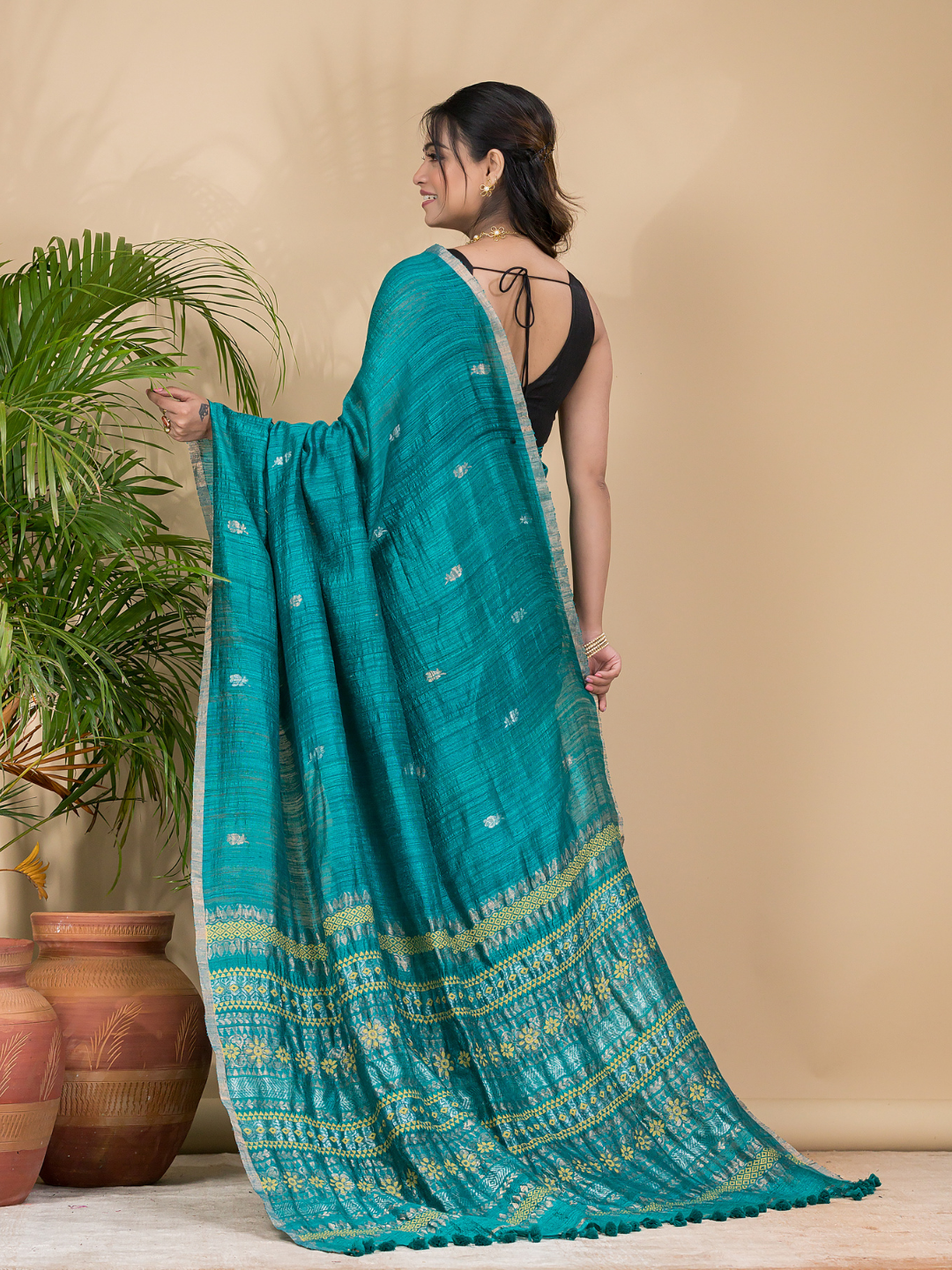 Matka Silk Jamdani Saree With Teal Green - 018