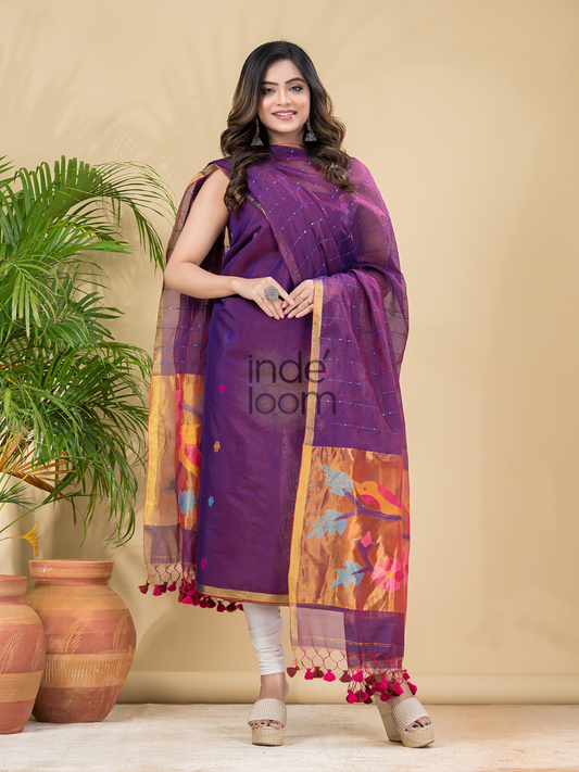 Grape Purple Sequin Paithani Jamdani 2-Piece Set Kurti & Dupatta (UNSTITCHED) -908