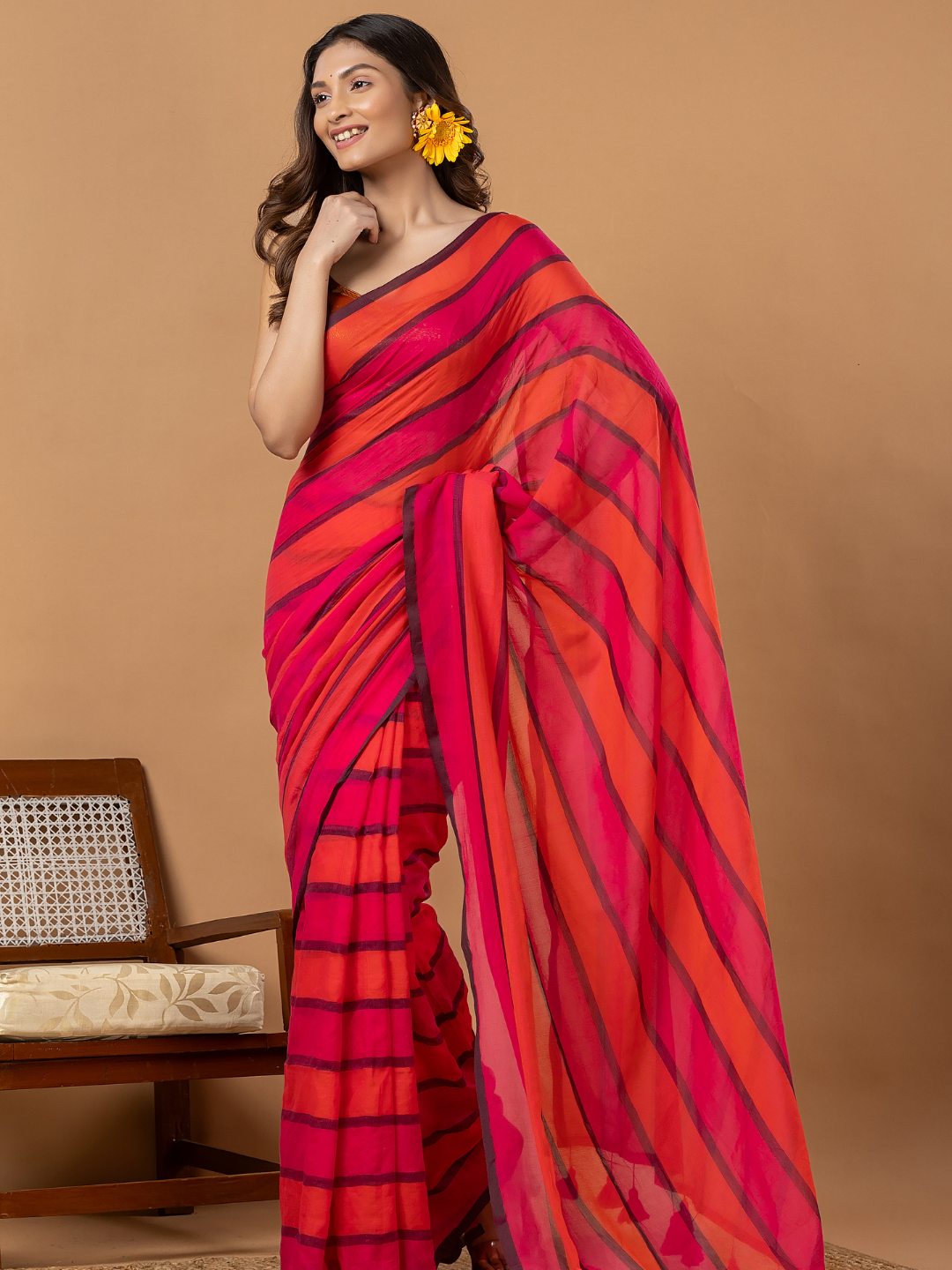 Pure Handloom Mul Cotton Saree | Hot Pink And Magenta Stripes