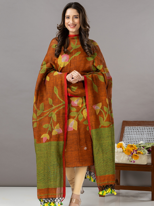 Handwoven Jamdani Linen Unstitched 2-Piece Kurti | Rust Brown