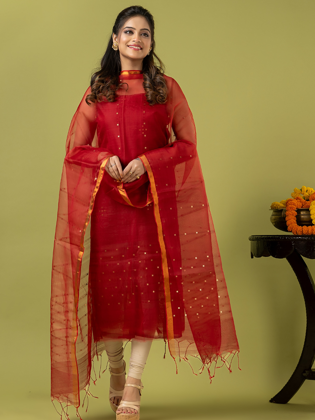 Handwoven Jamdani Muslin Unstitched 2-piece Kurti | Scarlet Red