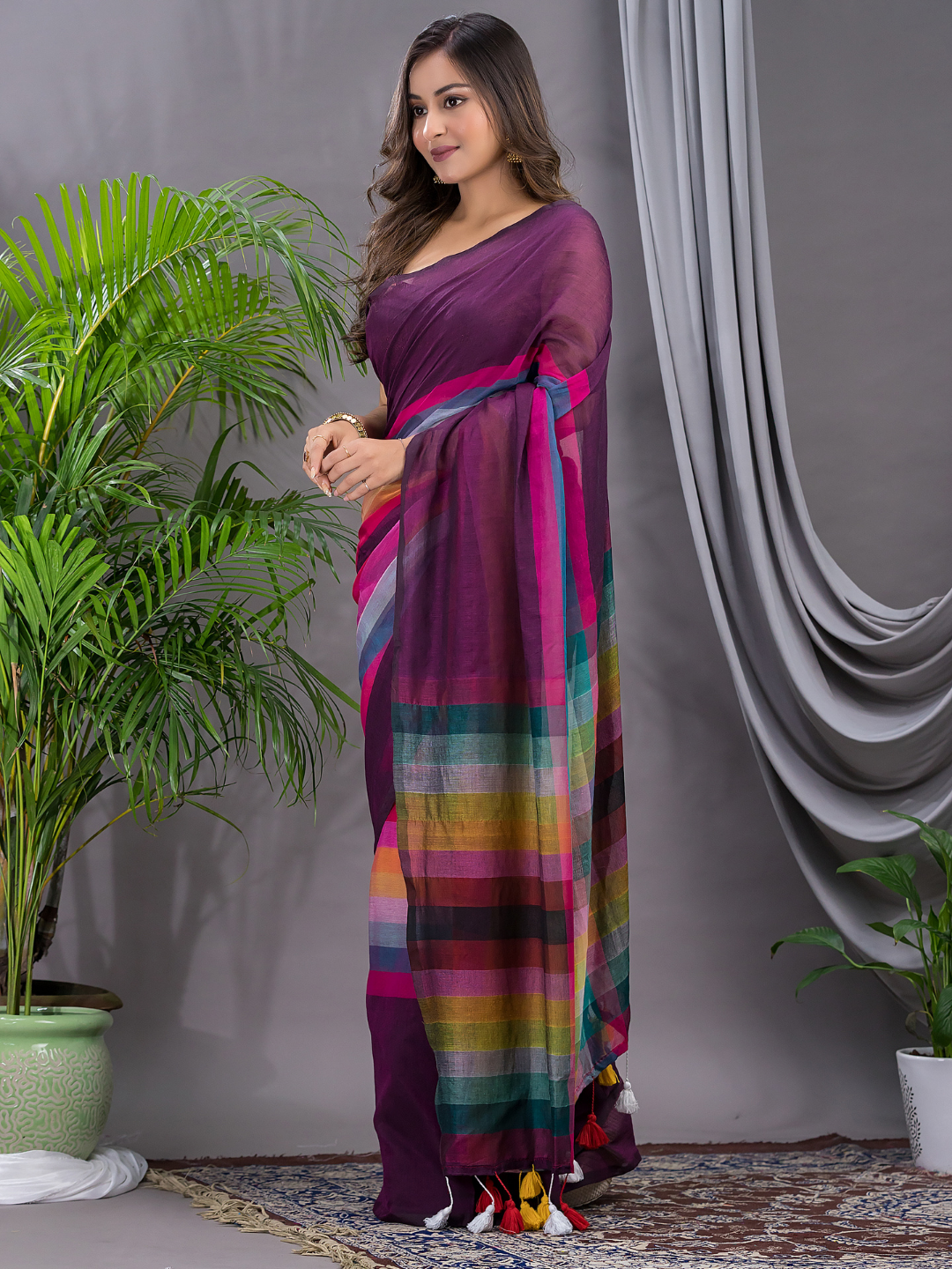 Handloom Khadi Cotton Saree With Wine Purple - 006