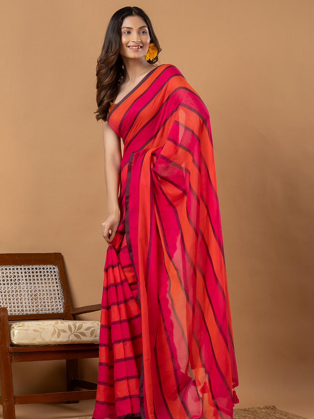 Pure Handloom Mul Cotton Saree | Hot Pink And Magenta Stripes