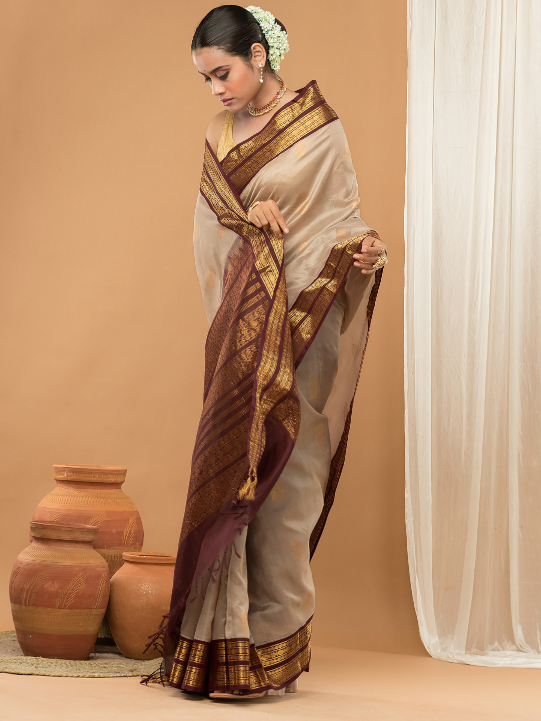 Pure Handloom Korvai Saree | Light Gold and Golden Dark Brown