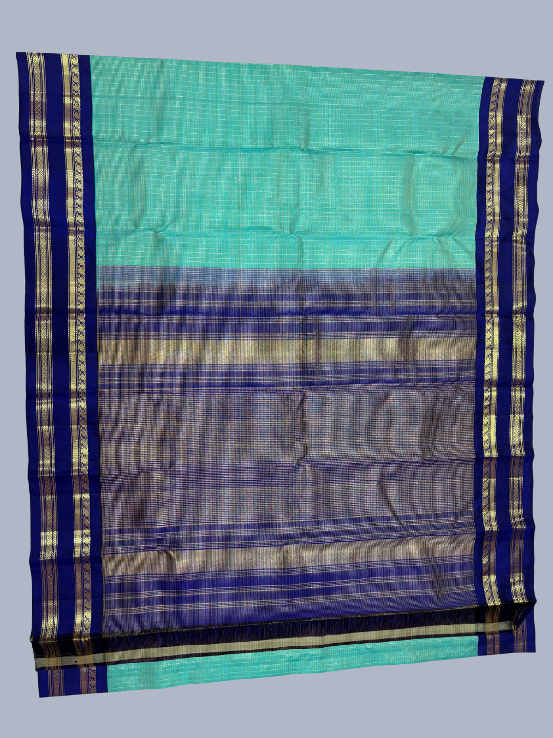 Pure Handwoven Gadwal Silk Saree With Ocean Blue-034