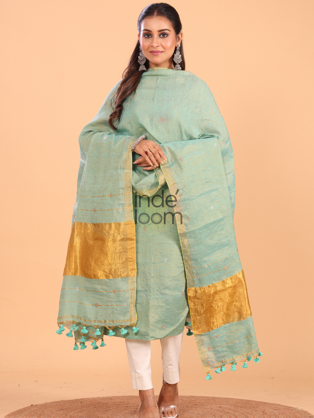 Mint Green Tissue Linen Jamdani 2-Piece Set Kurti & Dupatta (UNSTITCHED) - 054