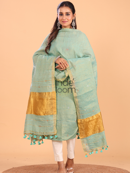 Mint Green Tissue Linen Jamdani 2-Piece Set Kurti & Dupatta (UNSTITCHED) - 054