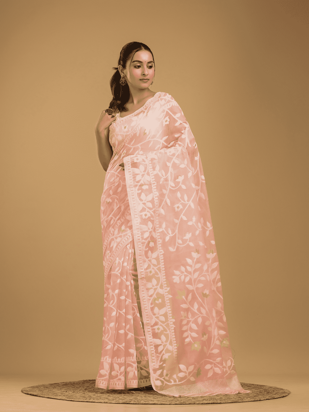 Light Pink Cotton Silk Jamdani Saree - 023 - indeloom