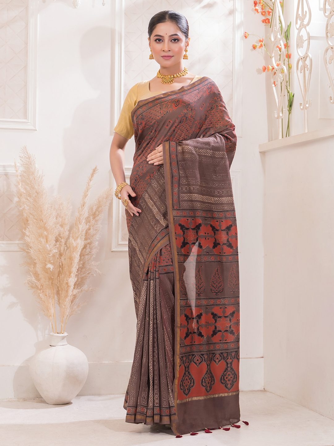 Ajrakh Exclusive Designer Modal Silk in Brick Red -049