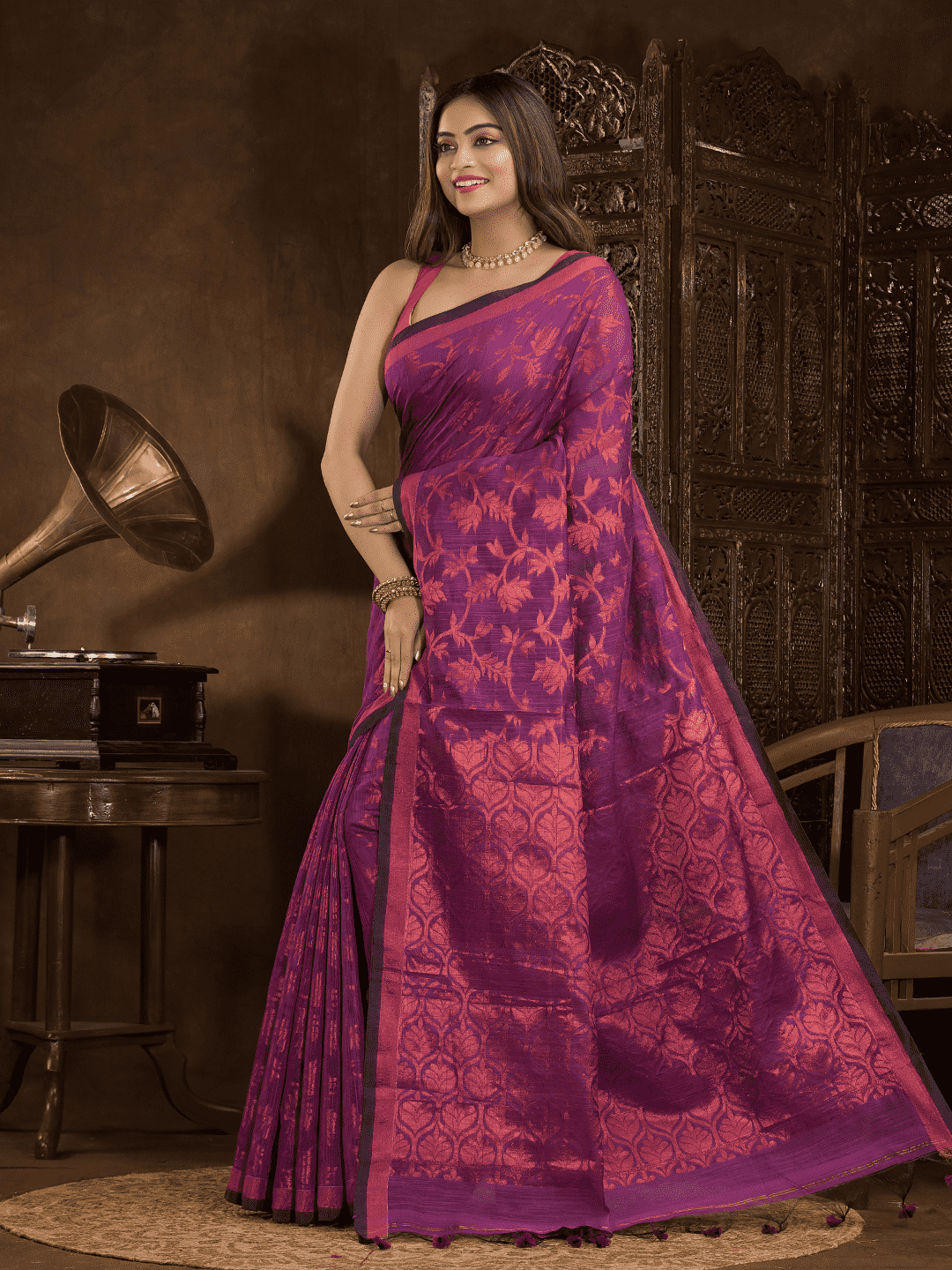 Hot Pink Jamdani Saree - 007 - indeloom