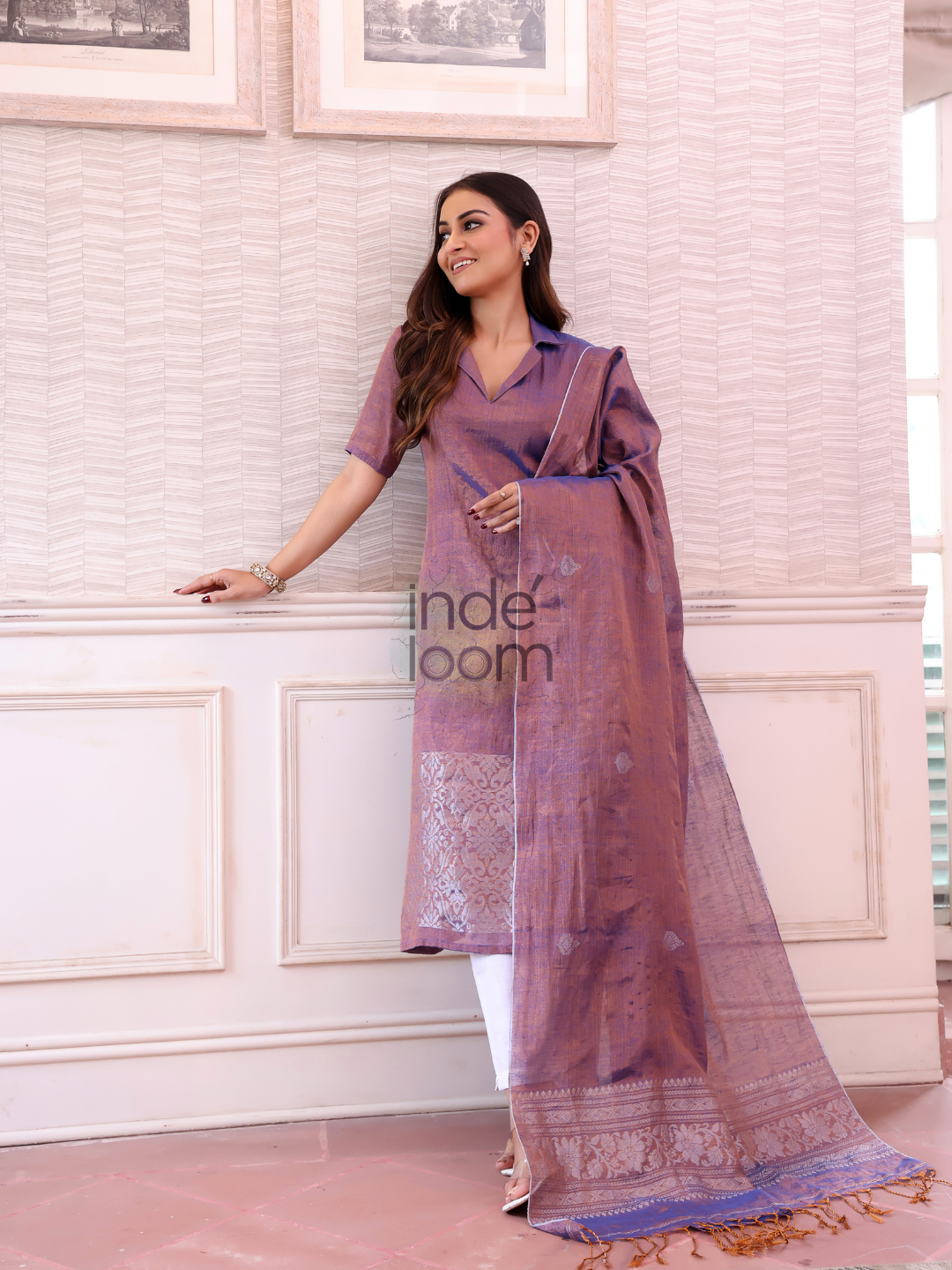 Lavender Purple Tissue Linen Silver Zari Jamdani 2-Piece Set Kurti & Dupatta (UNSTITCHED) - 305