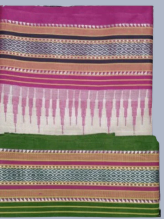 Rose Pink and Green Handloom Vidarbha Tussar Silk Saree with Multicolor Contrast Border -100