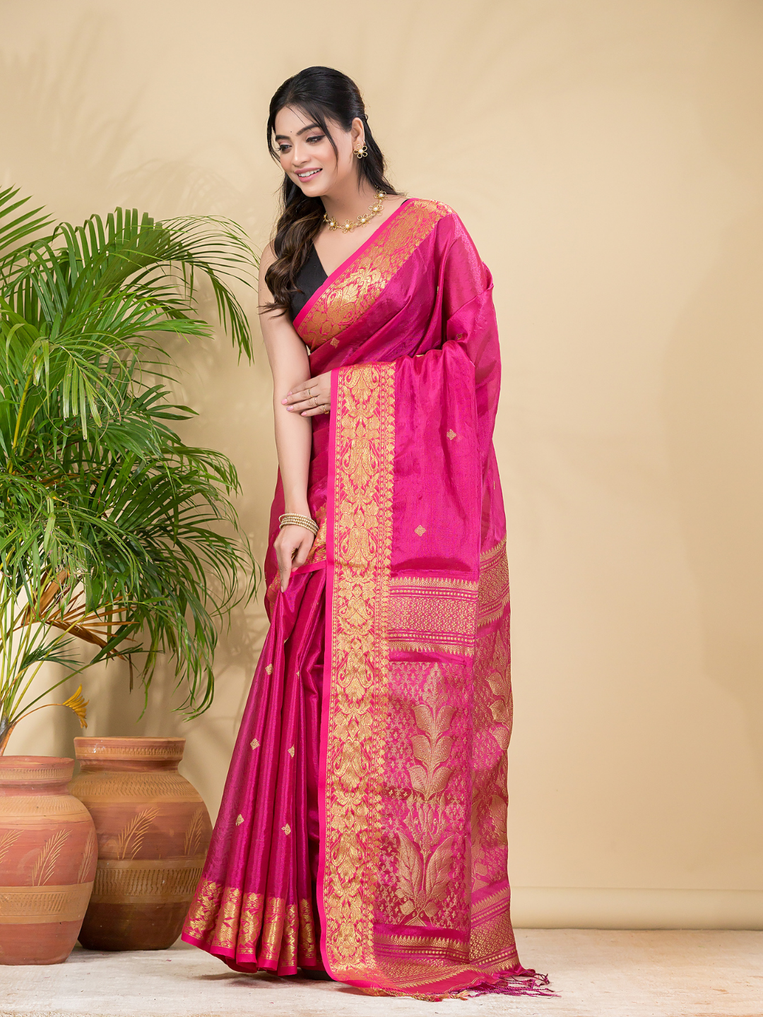 Tissue Silk Saree With Hot Pink - 028