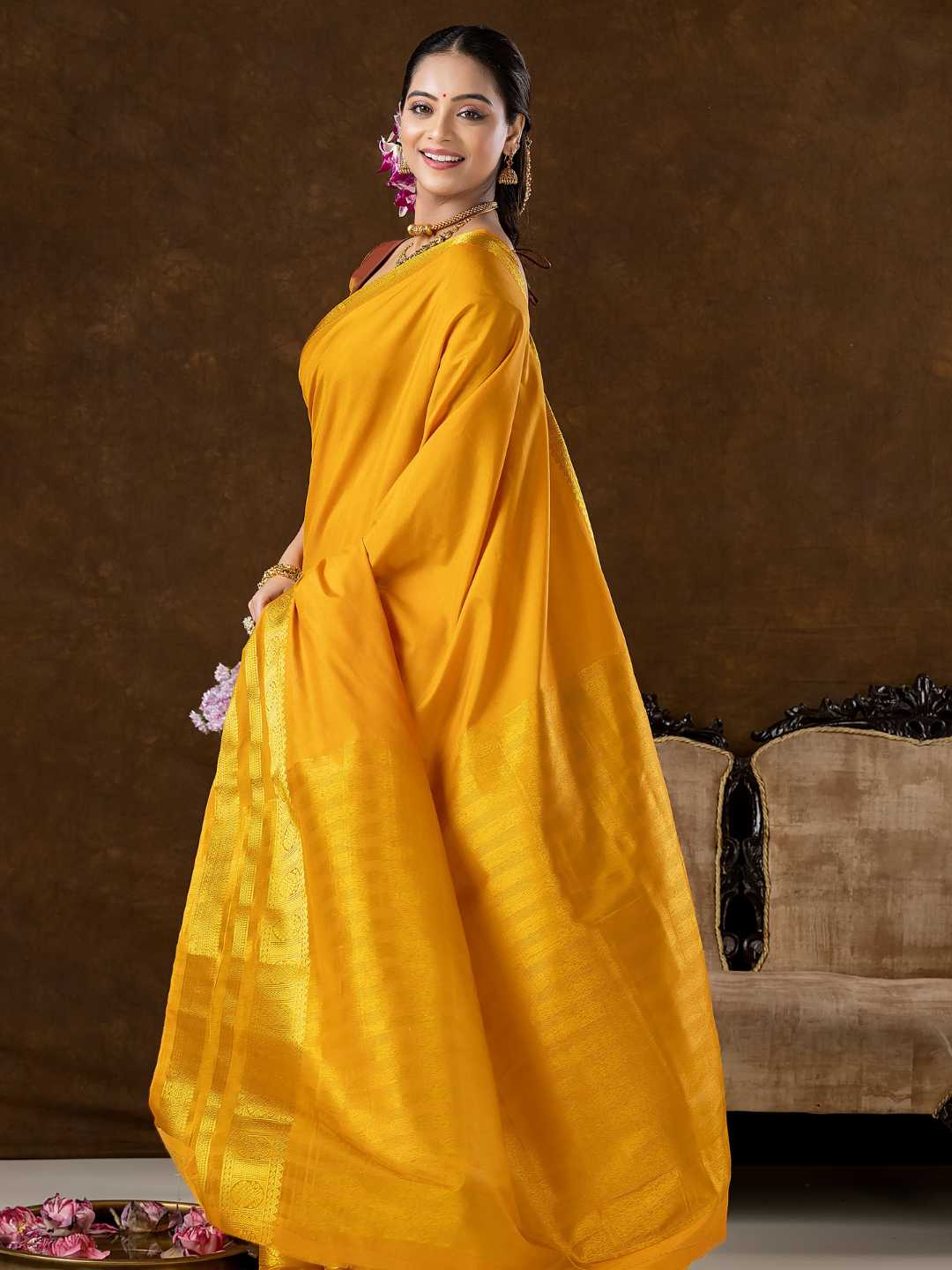 Classic Mysore Semi Silk Saree | Mustard Gold