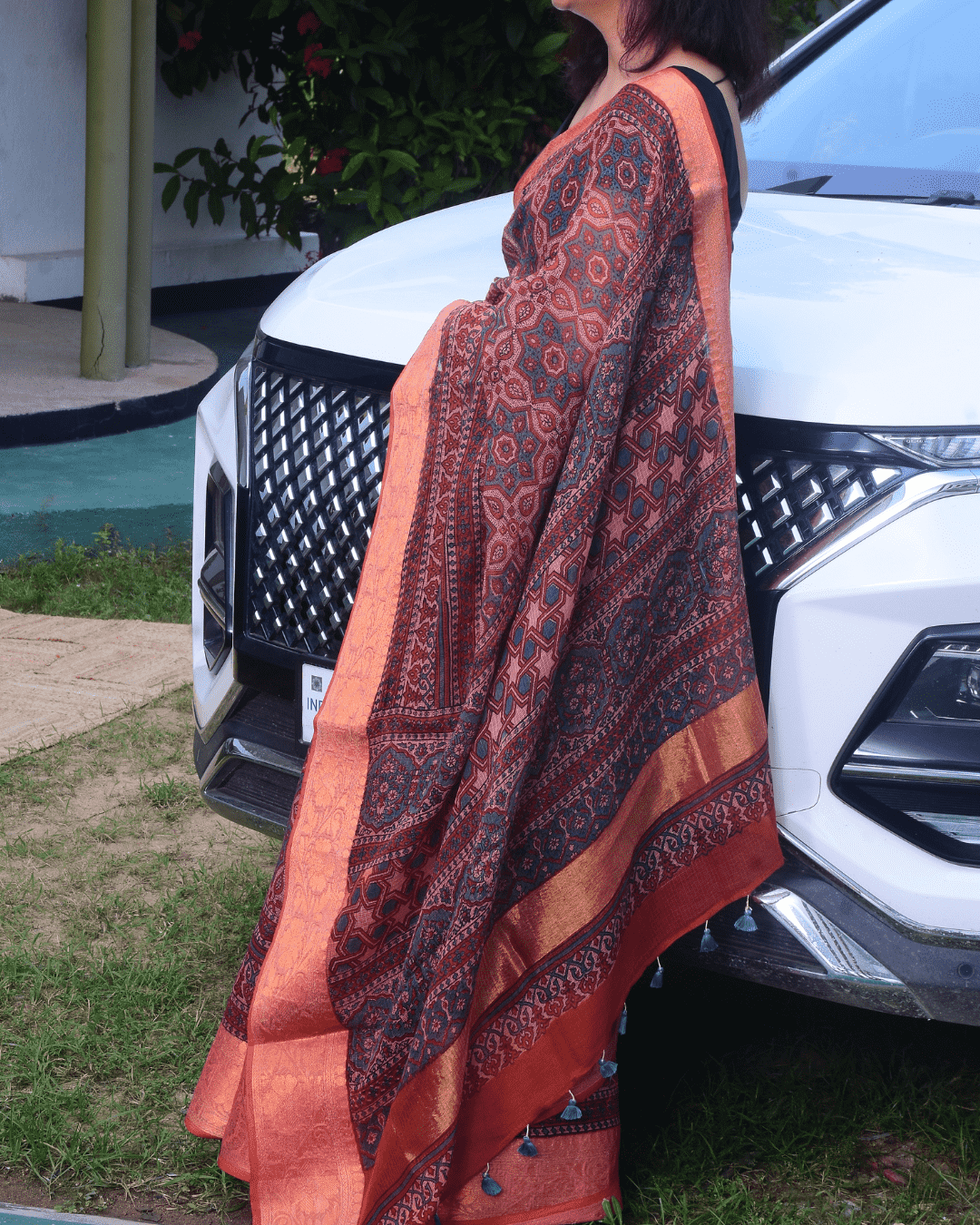 Ajrakh Exclusive Designer Chanderi in Rust Orange and Deep Charcoal with Zari Border - 034 - indeloom