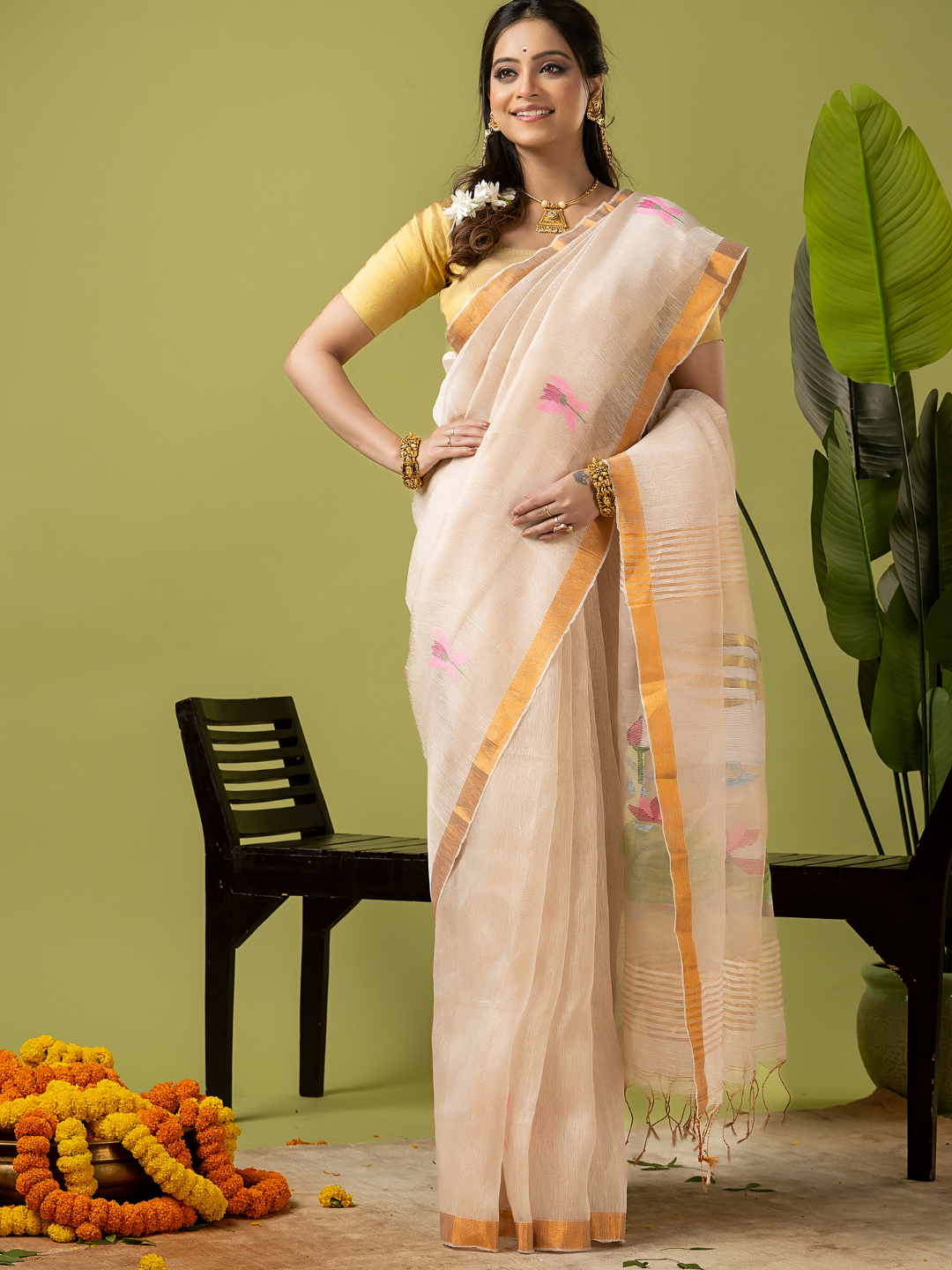 Pure Jamdani Linen Saree | Cream White  and White  | Half and Half style with Contrast Border
