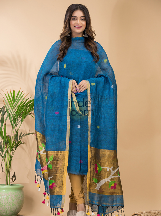 Classic Blue Linen X Linen 2-Piece Set Kurti & Dupatta (UNSTITCHED) - 074