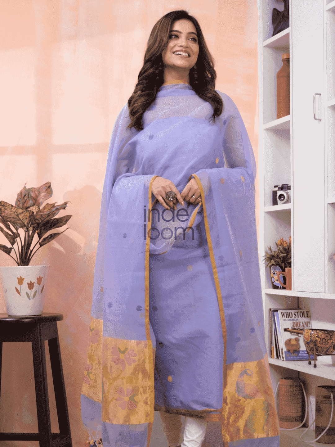 Pastel Purple Paithani Muslin Jamdani 2-Piece Set Kurti Dupatta (UNSTITCHED) -564