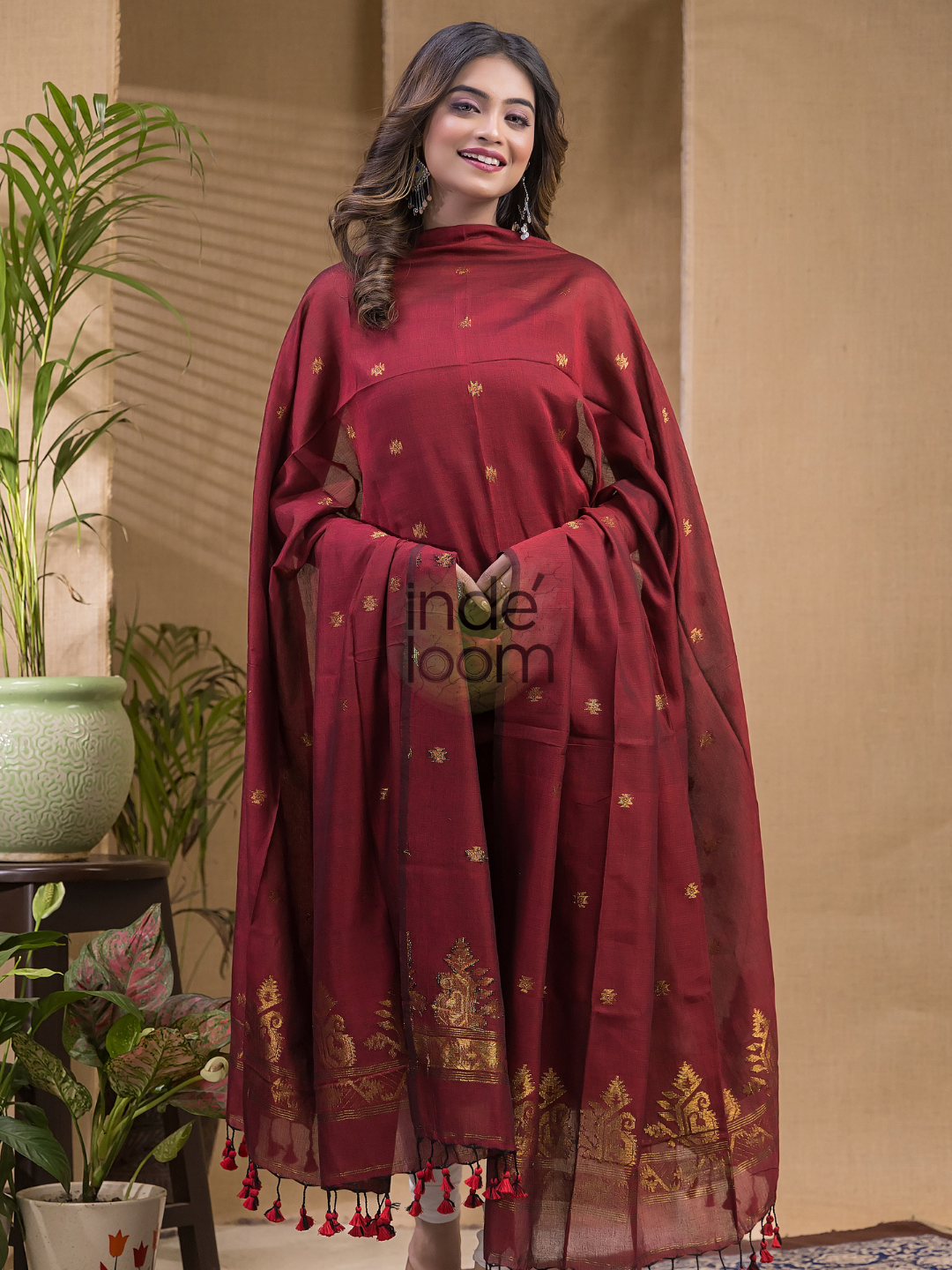 Blood Red Natural Dye Cotton by Cotton (100 Count Soft Cotton) 2 Piece Set Kurti & Dupatta (UNSTITCHED)  -657