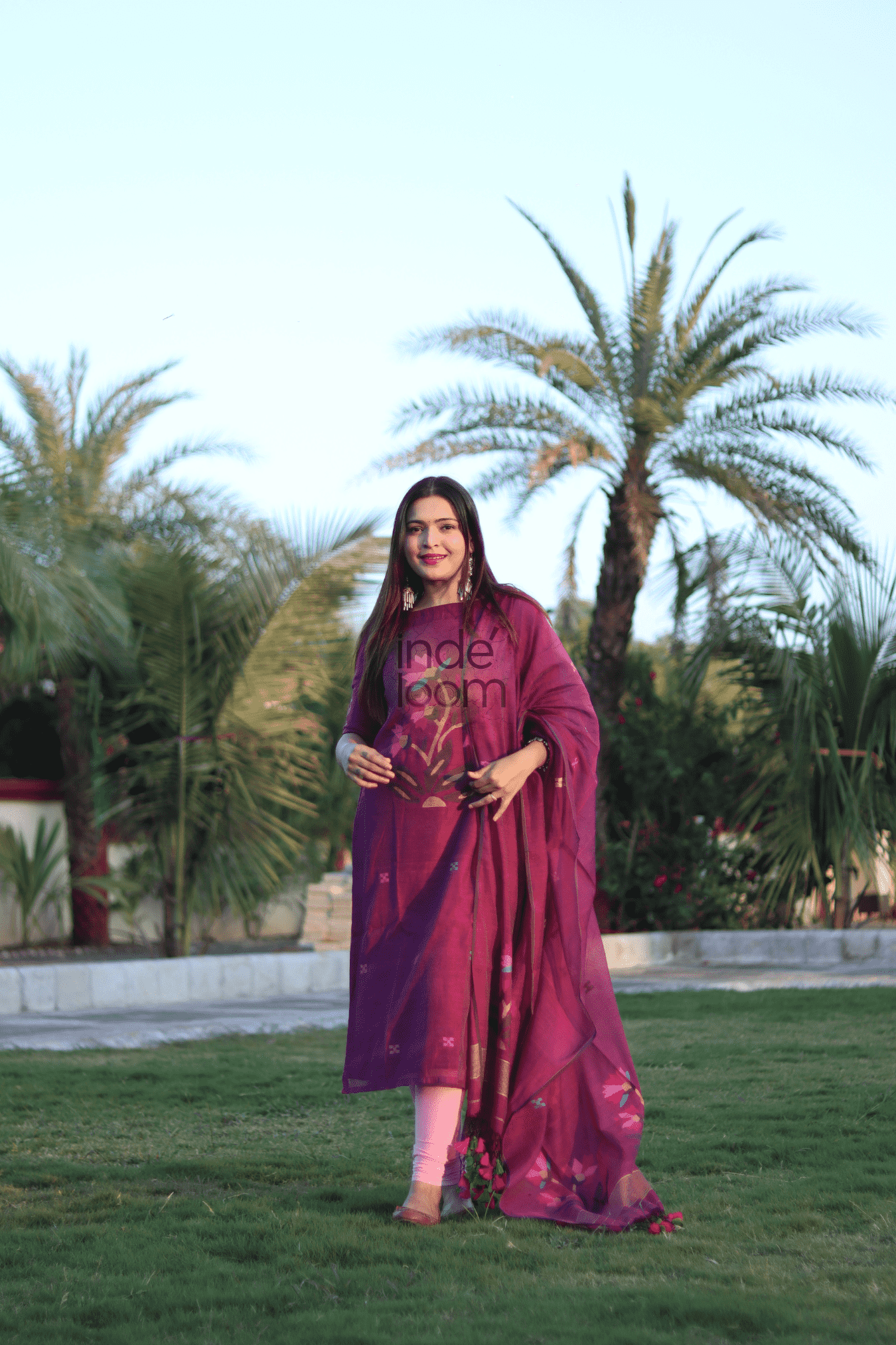 Grape Purple Muslin Jamdani 2-Piece Set Kurti & Dupatta (UNSTITCHED) - 369 - indeloom