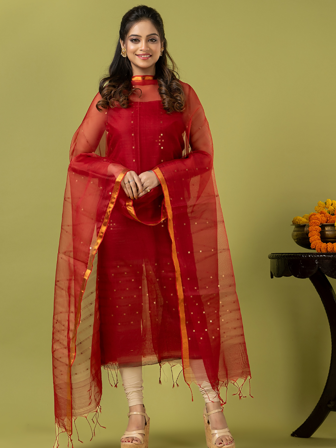 Handwoven Jamdani Muslin Unstitched 2-piece Kurti | Scarlet Red