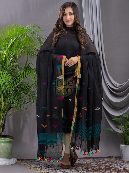 Handwoven Jamdani Linen Unstitched 2-piece Kurti  |  Midnight Black