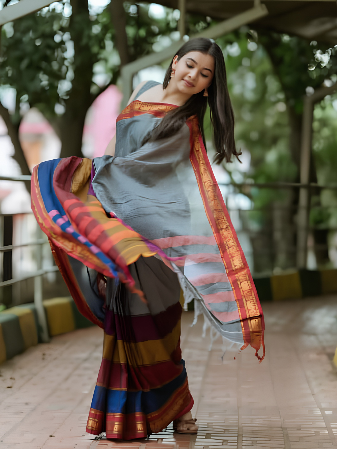 Handloom Narayanpet Cotton Saree | Grey and Multi Colour