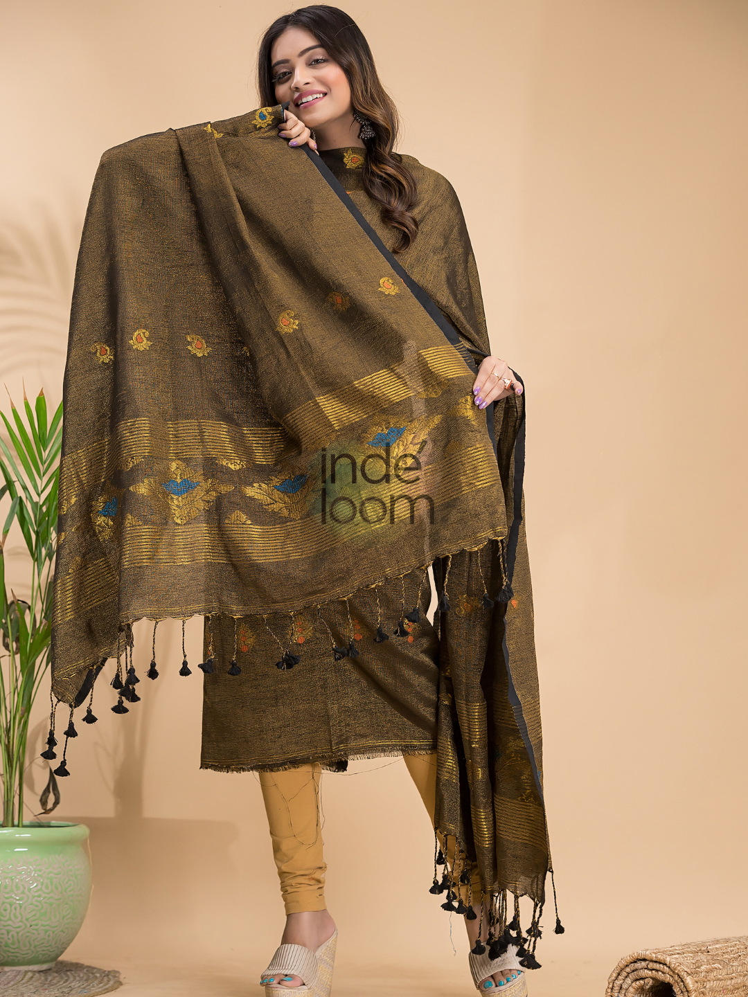 Olive Green Tissue Linen 2-Piece Set Kurti & Dupatta (UNSTITCHED) - 035