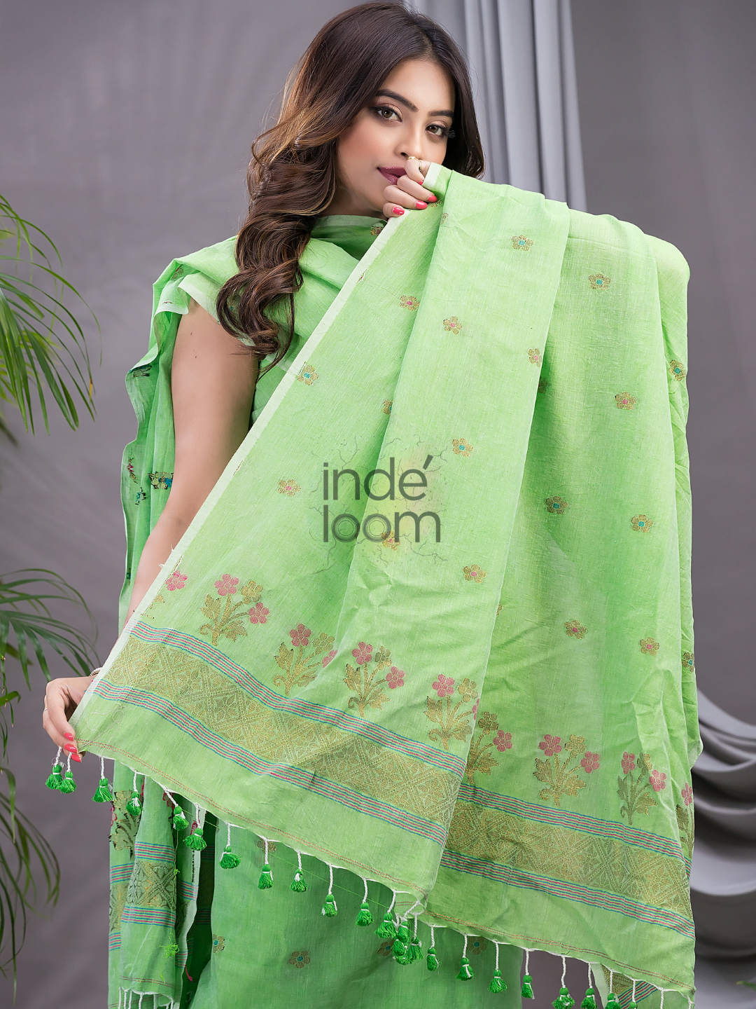 Lime Green 120 Count Cotton Jamdani 2-Piece Set Kurti & Dupatta (UNSTITCHED) - 135