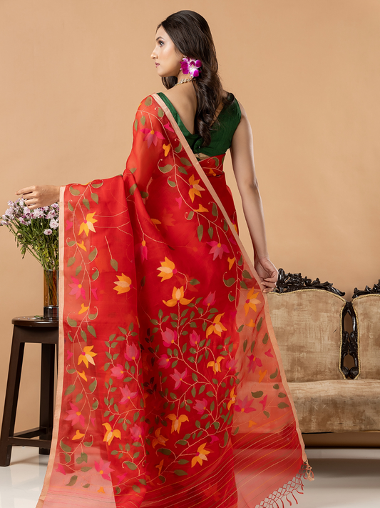 Handwoven Jamdani Muslin Silk Saree | Bright Red