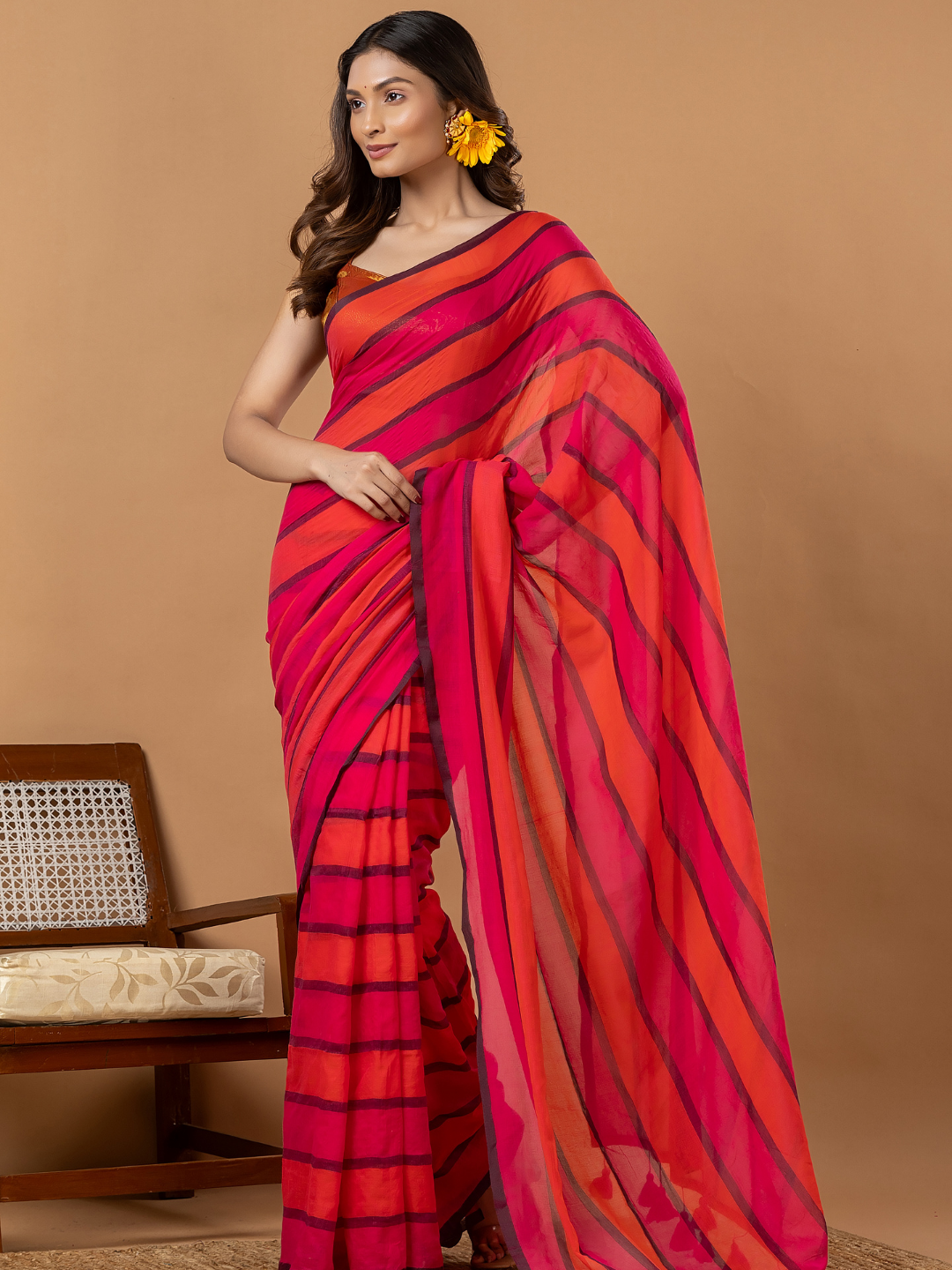 Pure Handloom Mul Cotton Saree | Hot Pink And Magenta Stripes