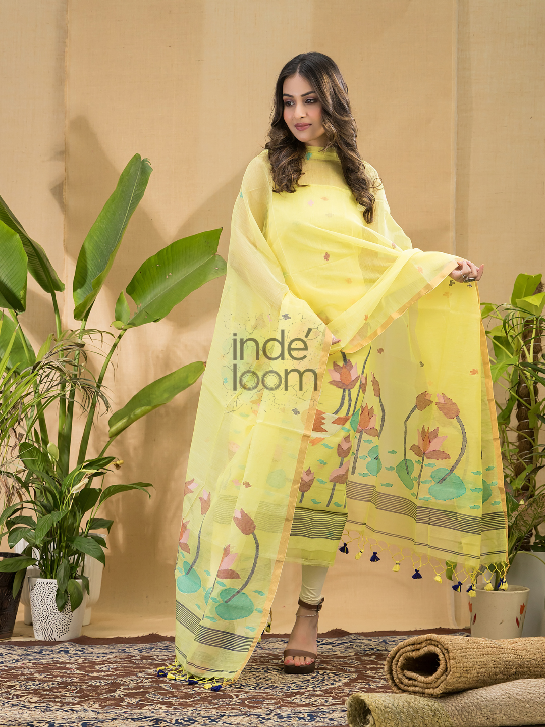 Lemon Yellow Jamdani 2-Piece Set Kurti & Dupatta (UNSTITCHED) -747