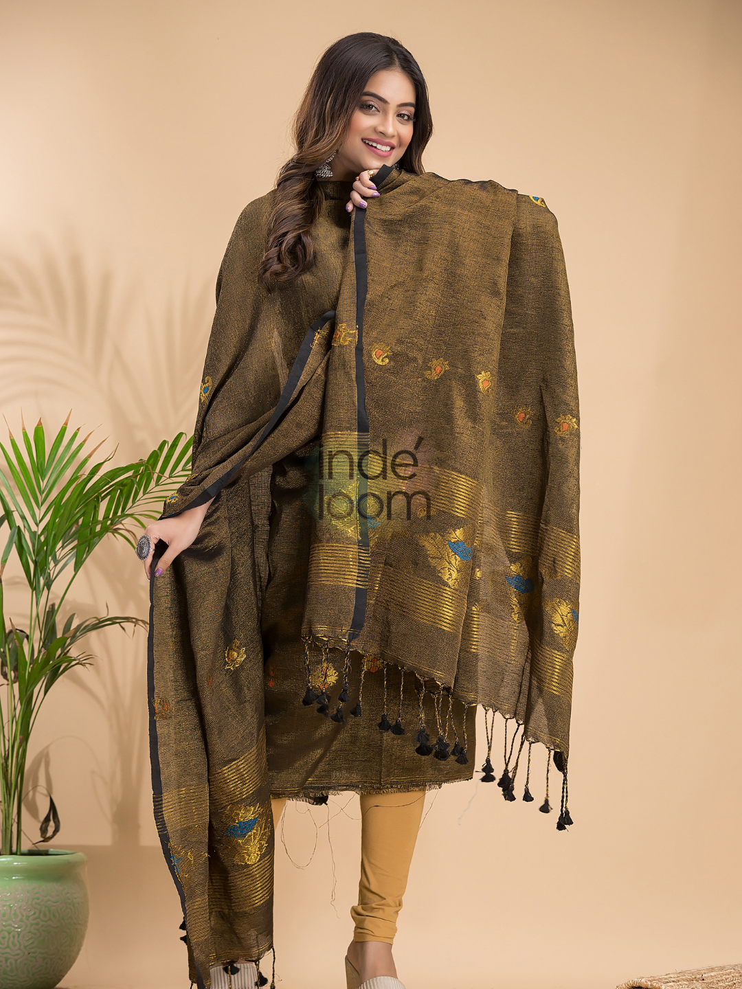 Olive Green Tissue Linen 2-Piece Set Kurti & Dupatta (UNSTITCHED) - 035
