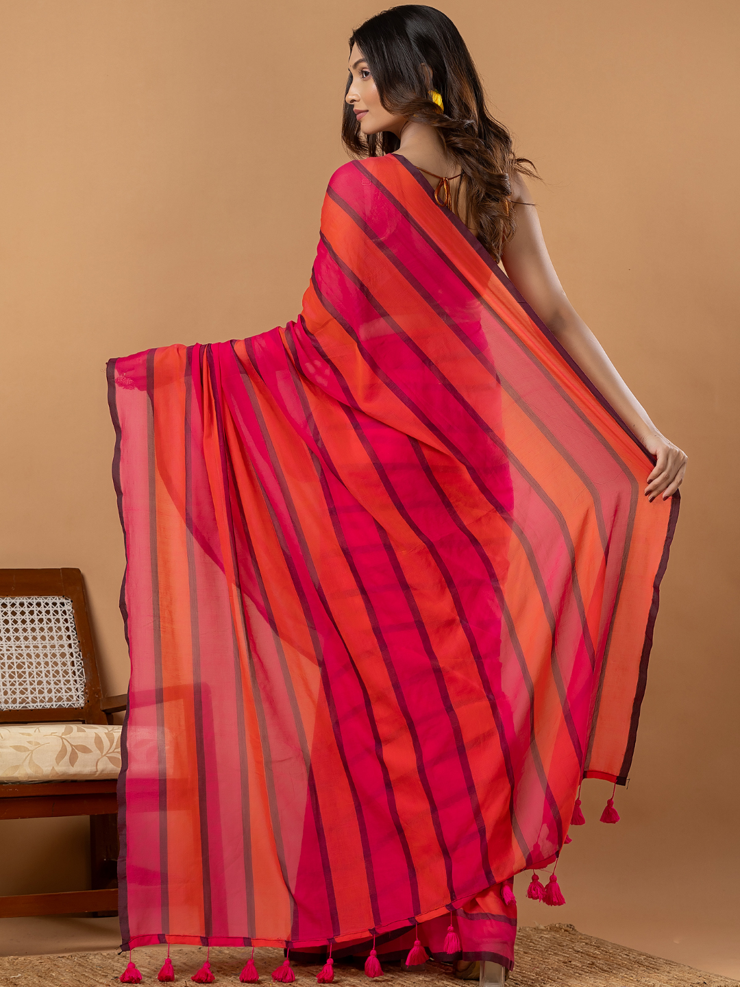Pure Handloom Mul Cotton Saree | Hot Pink And Magenta Stripes