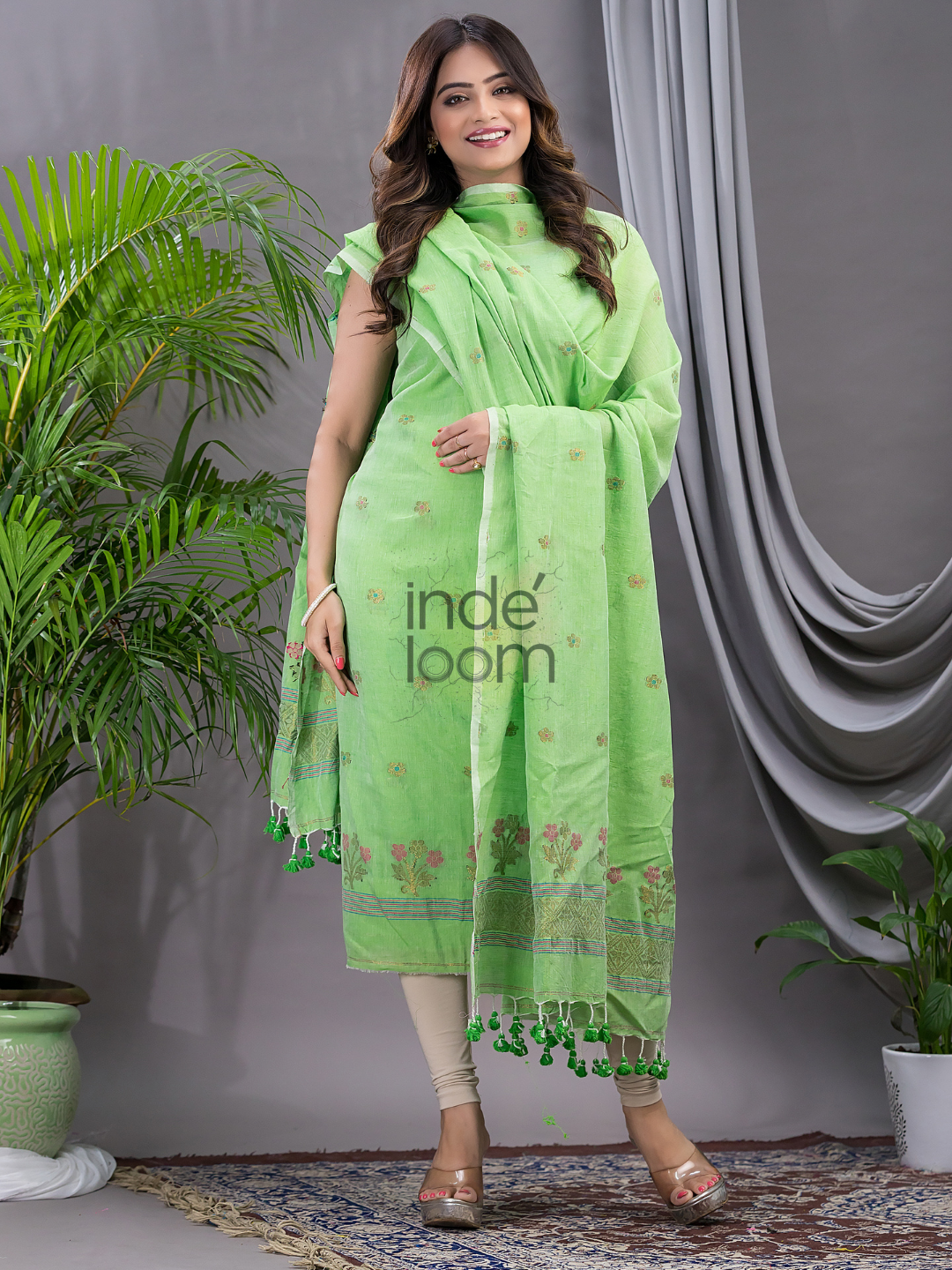 Lime Green 120 Count Cotton Jamdani 2-Piece Set Kurti & Dupatta (UNSTITCHED) - 135